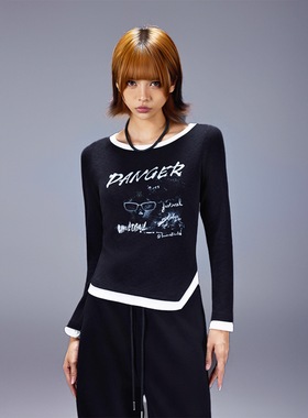 拓谷甜酷风假两件打底衫秋冬新款修身显瘦圆领正肩长袖上衣D52920