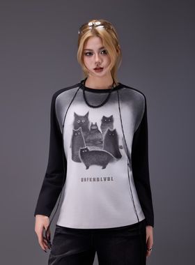 拓谷猫咪印花拼色磨毛长袖T恤女秋冬新款宽松插肩袖打底衫Q52689