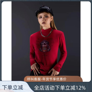 拓谷秋冬新款半高领打底衫韩系印花长袖T恤慵懒风百搭上衣Q52788