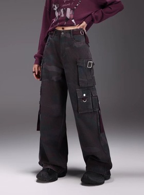 拓谷美式高街迷彩多口袋工装裤秋冬做旧宽松阔腿长裤牛仔裤Q52045