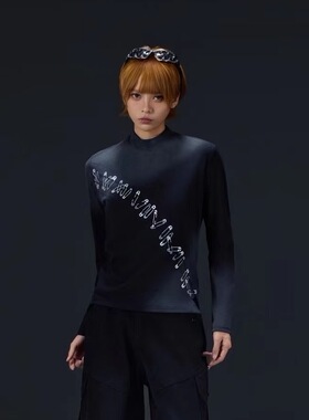 拓谷潮牌个性半高领打底衫修身秋冬款水洗做旧小众长袖上衣Q52720