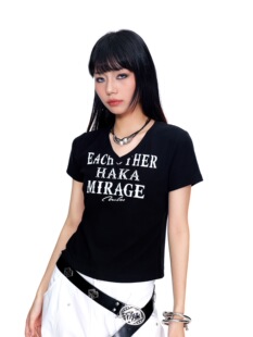 拓谷 韩版V领正肩修身短袖T恤女cleanfit字母印花上衣服女款60761