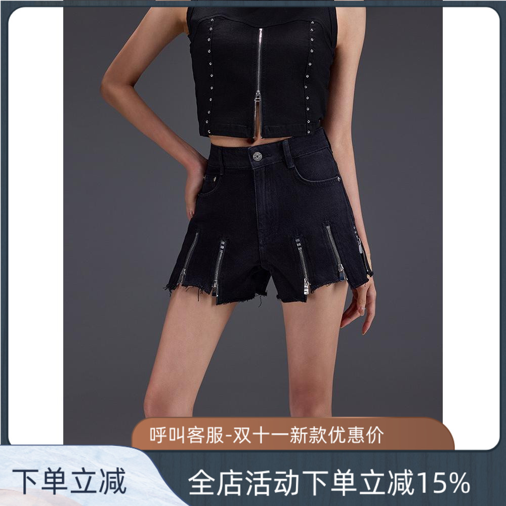 拓谷潮牌高腰黑色牛仔短裤女夏季新款辣妹显瘦毛边拉链短裤X50991