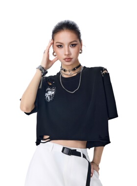 拓谷美式辣妹破洞短袖t恤设计感别针潮牌短款T恤女新款上衣X60319