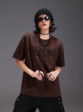 拓谷潮牌铆钉豹纹短袖女秋冬款打底半袖上衣宽松休闲潮牌T恤52092