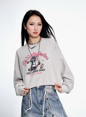 拓谷女装春装新款撞色印花短款卫衣女薄款辣妹宽松露背上衣C60193