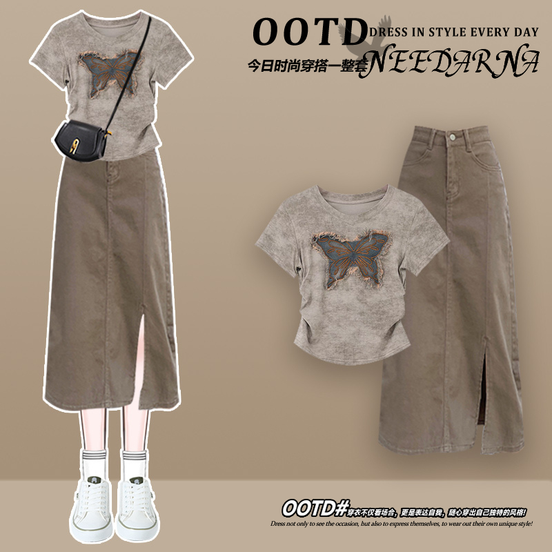 茶歇法式牛仔连衣裙套装裙子夏季女小个子梨形身材穿搭长裙高级感