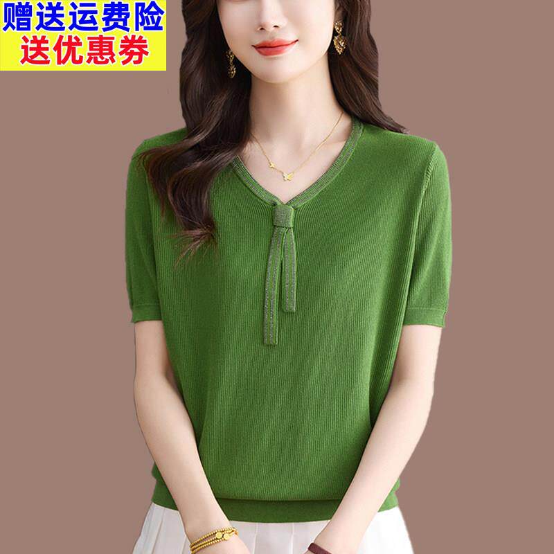 桑蚕丝针织衫女宽松薄款上衣短款短袖r恤时尚减龄妈妈装V领打底衫