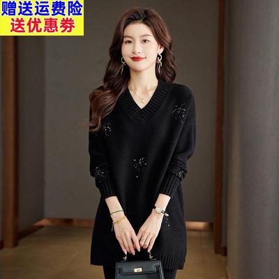 鸡心领毛衣女中长款打底衫毛衣裙镶钻羊毛衫宽松大码女装胖妹妹厚