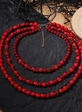 跨境万圣节哥特风小众设计感多层骷髅夸张红色项链创意百搭女款