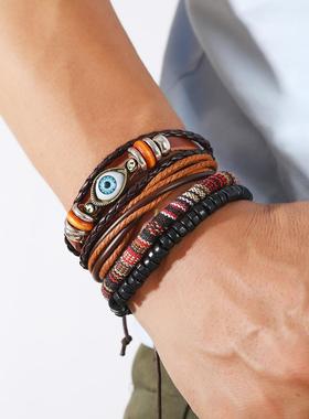 跨境新款恶魔之眼配饰男士饰品手链手工编织多层套装手镯手绳