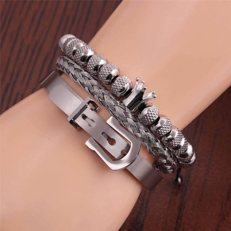 跨境欧美新款饰品钛钢C字型麻花开口手镯皇冠编织手链手镯套装