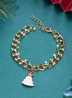 欧美跨境新款圣诞节滴油绿色圣诞树链条双层吊坠手链简约时尚手饰