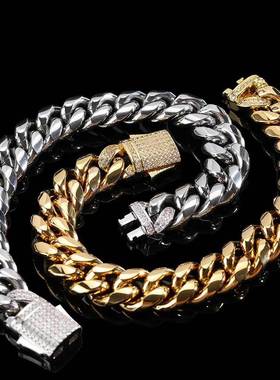 欧美嘻哈不锈钢古巴链男士手链锆石弹簧扣圆磨加密钛钢手链