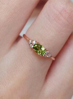 跨境速卖通新款橄榄石玫瑰金微镶钻四爪锆石简约气质男女戒指