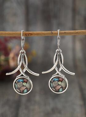 eBay跨境新款复古创意花朵耳环镶嵌圆形相框石头合金夸张耳饰