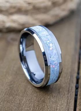 跨境爆款不锈钢结婚戒指适合送对象的礼物饰品蓝色蛋白石
