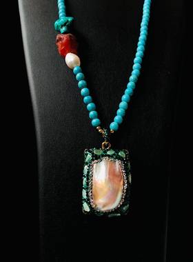 天然巴洛克珍珠吊坠绿松石项链时尚轻奢女款手工镶嵌水晶厂家