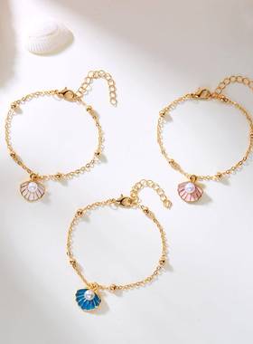 欧美跨境新款贝壳手链时尚简约女式彩色贝壳珠链手链3条套装