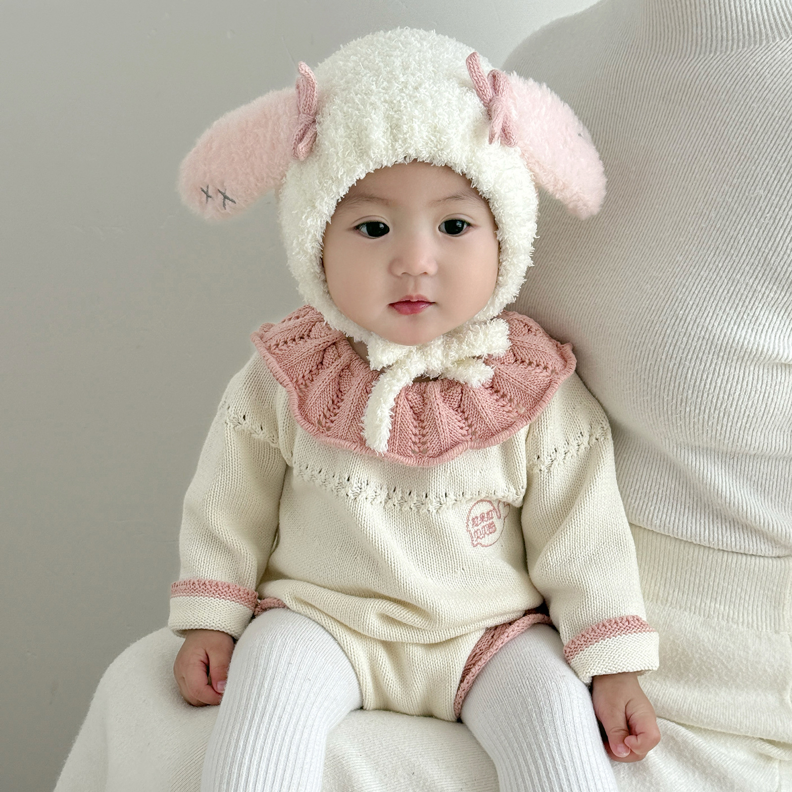 婴儿帽秋冬保暖加厚针织毛线帽女宝摇粒绒超柔小月龄护耳韩版兔子