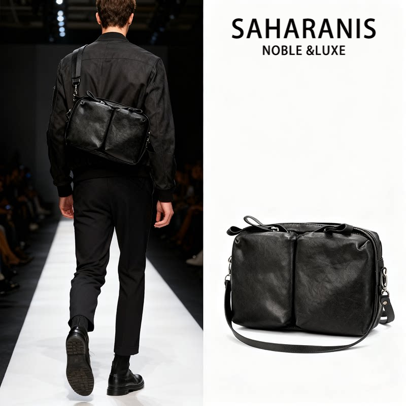 Saharanis男士真皮植鞣牛皮单肩斜挎包通勤百搭高级感多口袋包