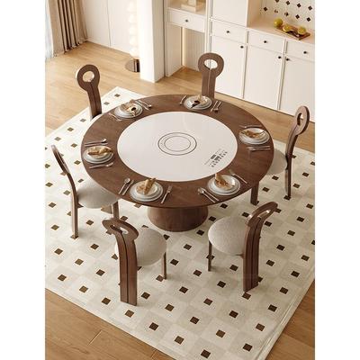 国家补贴北马中古风实木餐桌家用带暖菜电磁炉转盘圆形白蜡木饭桌