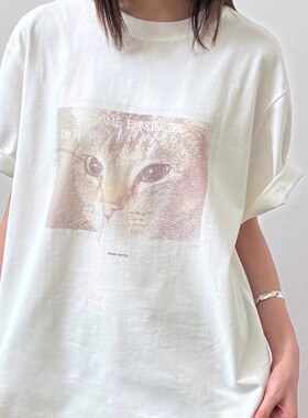 BasicMatch男女款白色轻绒感抗菌速干小猫印花短袖T恤