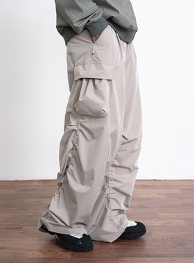 BasicMatch卡其色立体侧袋抽绳褶皱户外长裤