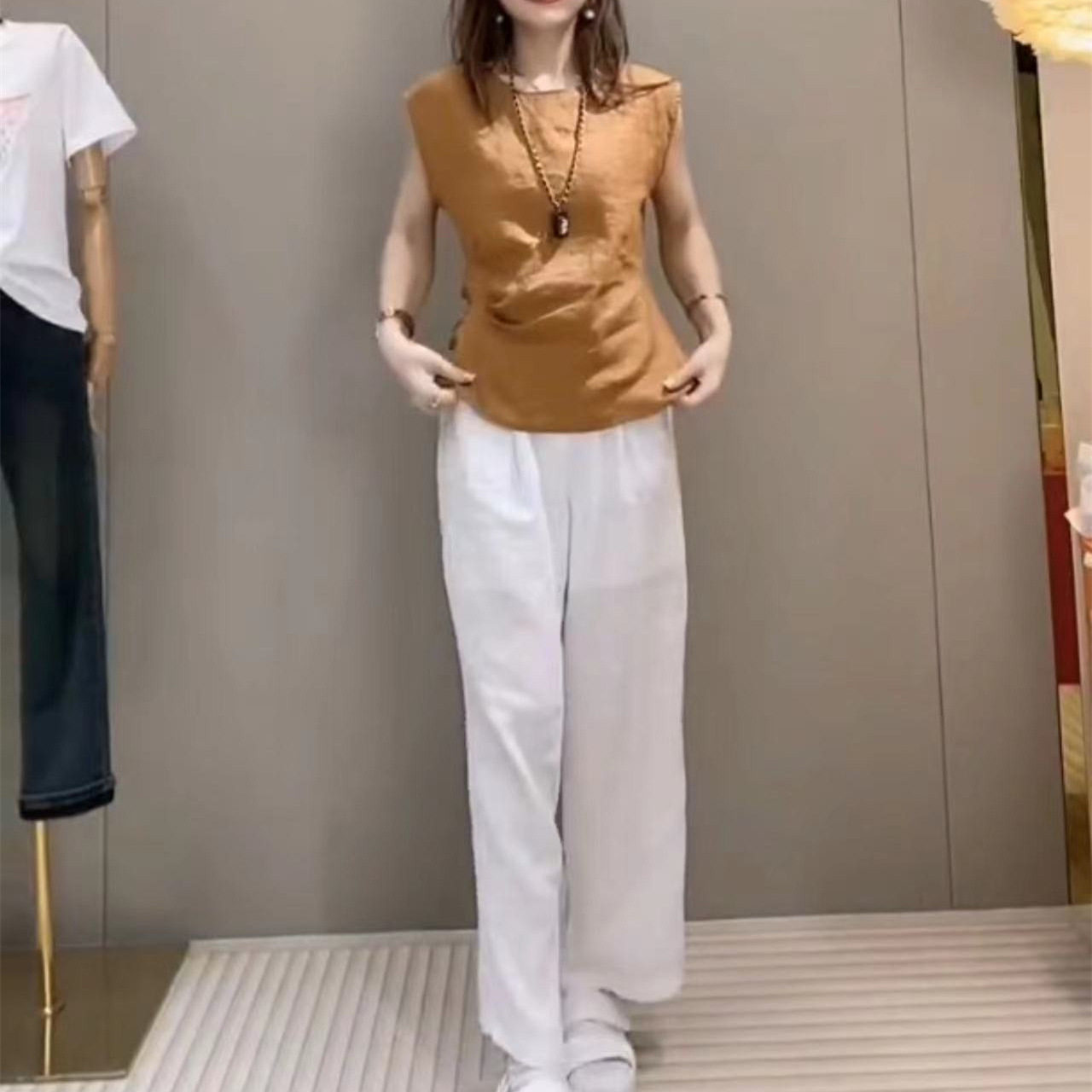 法国george melis夏季新款时尚收腰无袖上衣高腰阔腿长裤女装