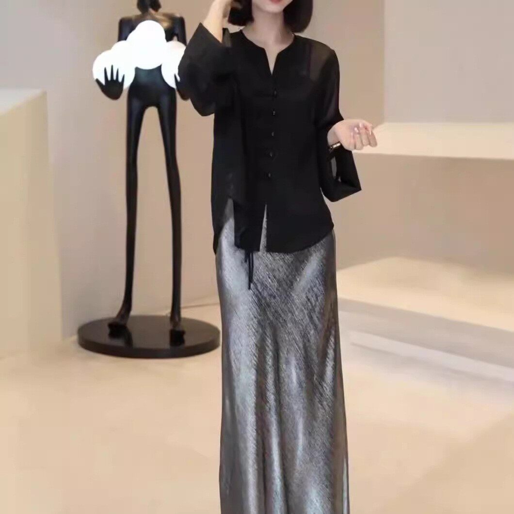 法国george melis新款新中式盘扣黑色长袖衫高腰垂感半身裙女