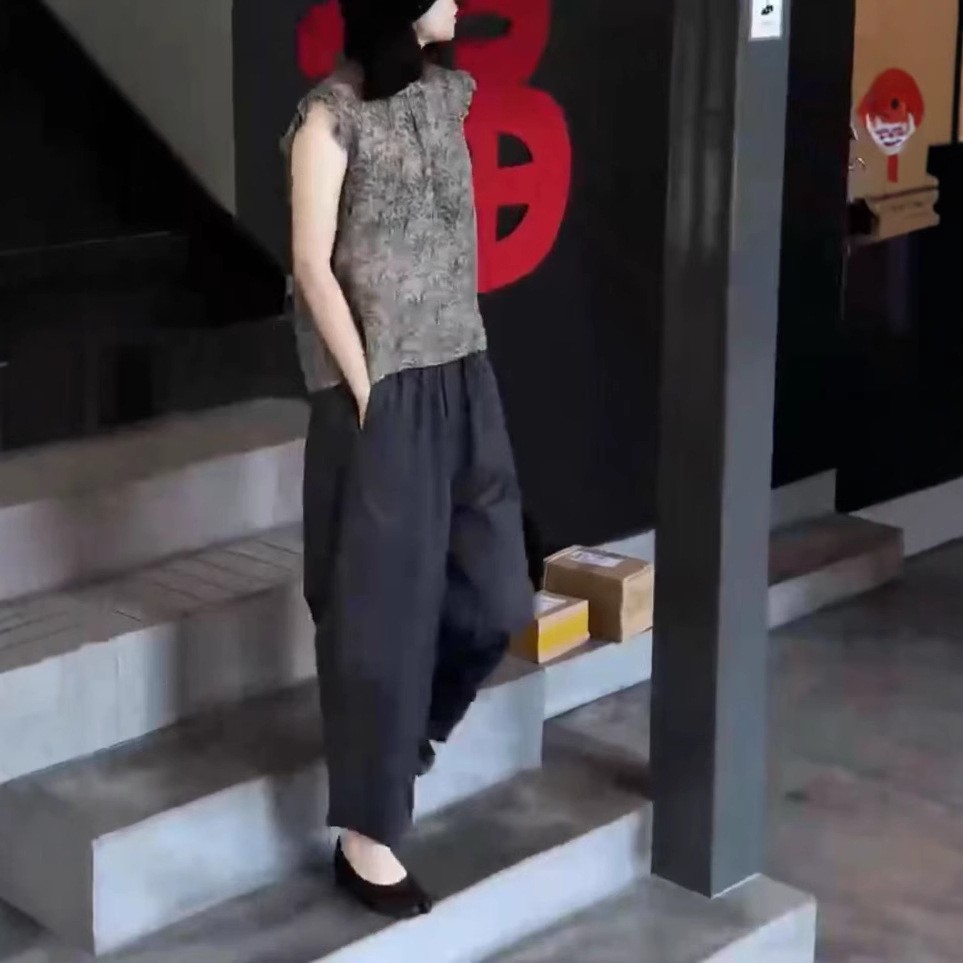 法国george melis夏季新款设计感荷叶边宽松上衣高腰休闲裤女