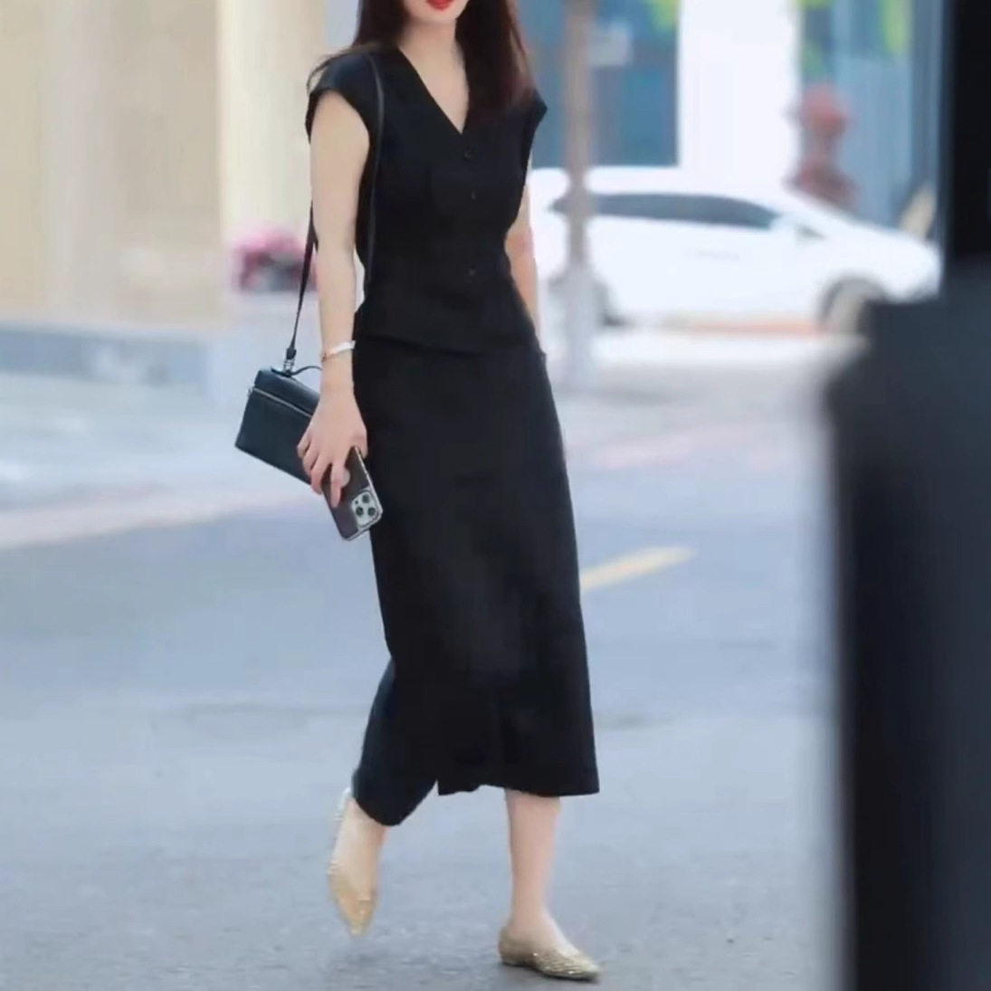 法国george melis夏季新款色v领收腰上衣开叉半身裙两件套女