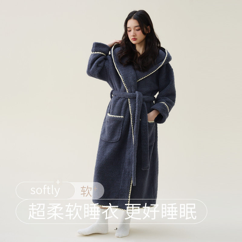 法国entle motto秋冬季新款珊瑚绒加厚美丽绒男女睡袍加长浴袍