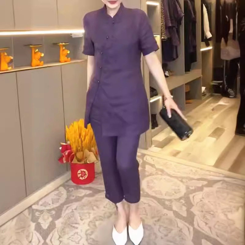 法国george melis夏季新款时尚复古盘扣上衣修身小脚裤显瘦女