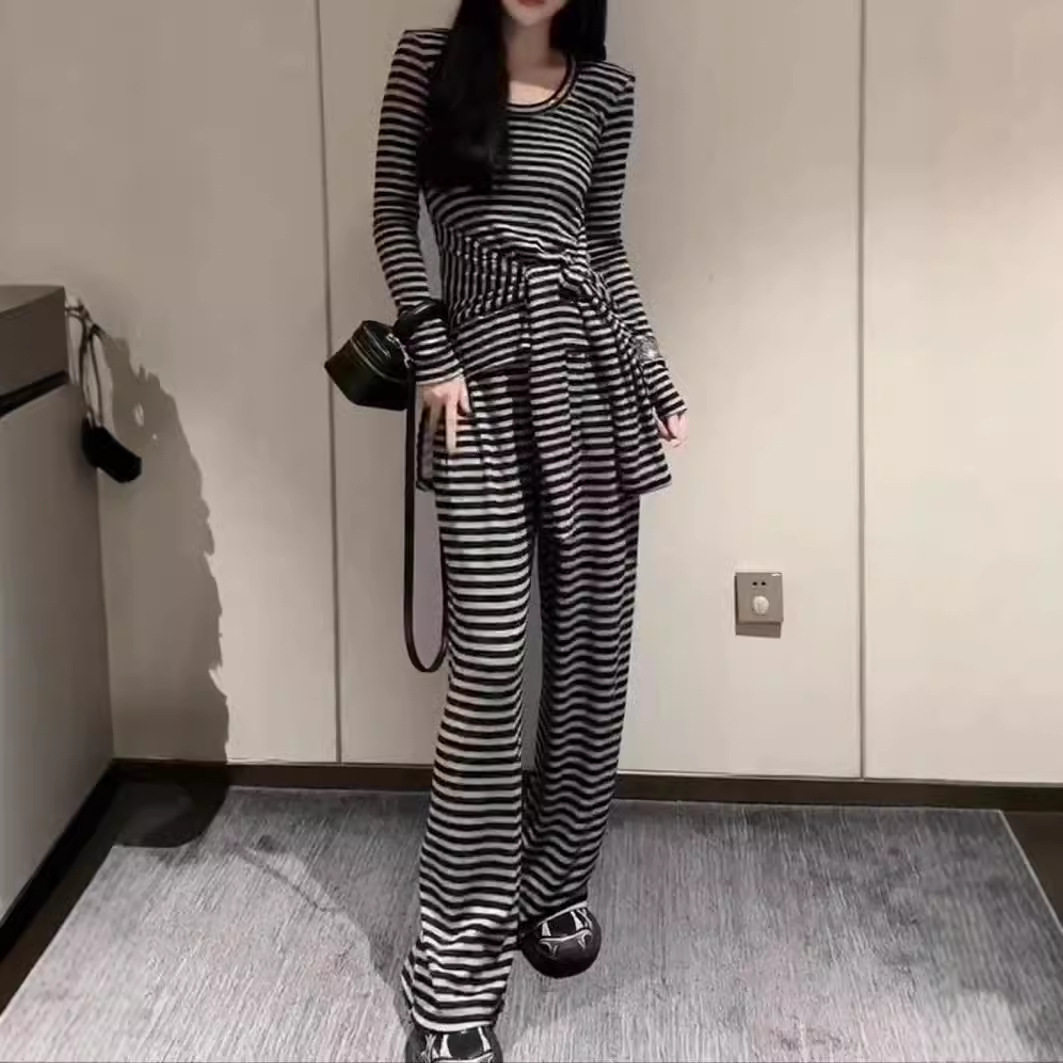法国george melis秋季新款时尚套装修身系带显瘦两件套女
