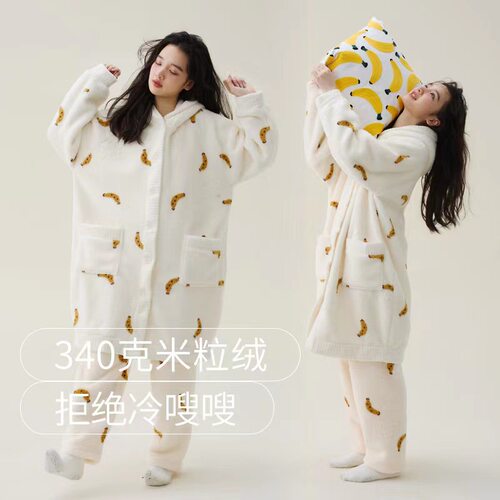 法国entle motto秋冬季珊瑚绒加厚男女士加厚睡衣情侣家居服套装