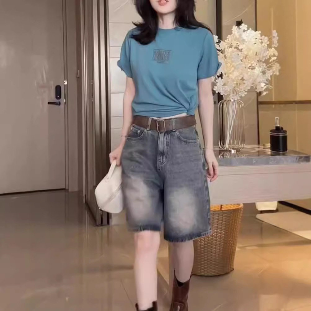 法国george melis夏季新款圆领短袖t恤直筒五分牛仔短裤女