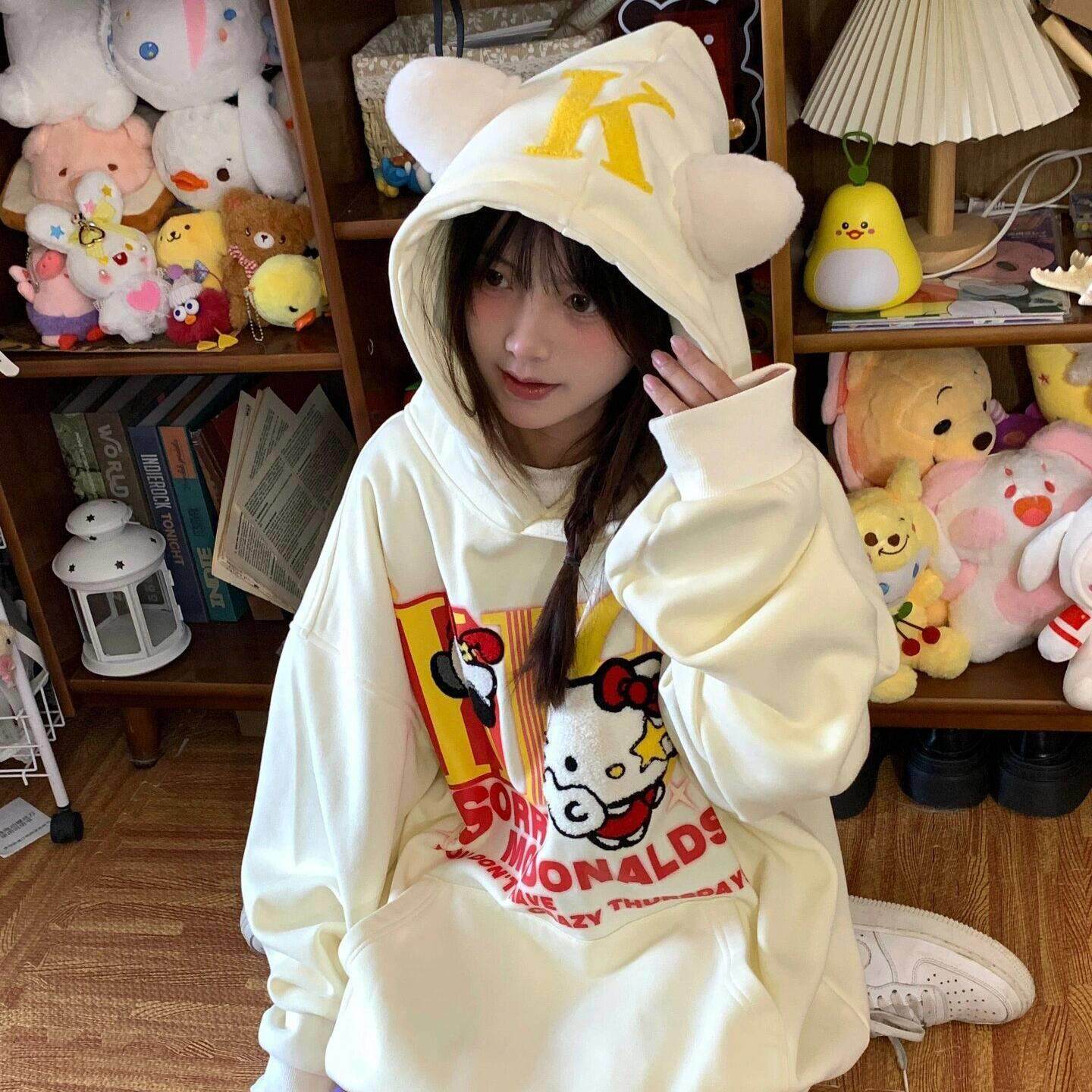 毛巾绣Kitty猫耳朵连帽卫衣女秋冬款加绒加厚外套甜酷设计感上衣
