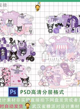 紫黑色库洛米三丽欧宝宝宴周岁女孩十岁生日派对舞台背景设计素材