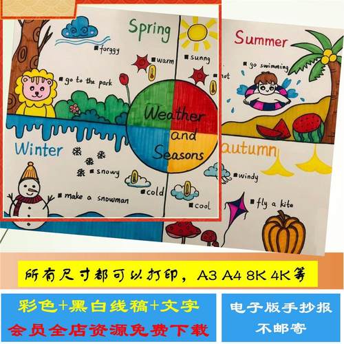 英语季节手抄报模板春夏秋冬小学生四季Four seasons儿童画连环画