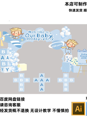 蓝色小王子迎宾拱门KT板宝宝宴满月周岁小预算派对AI设计素材PSD