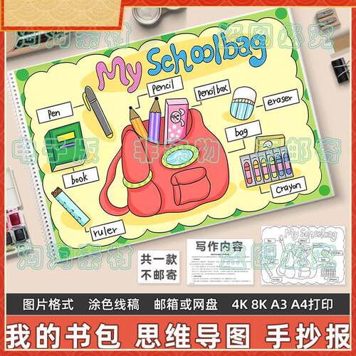 My schoolbag英语手抄报小学生我的书包文具英文单词思维导图模板