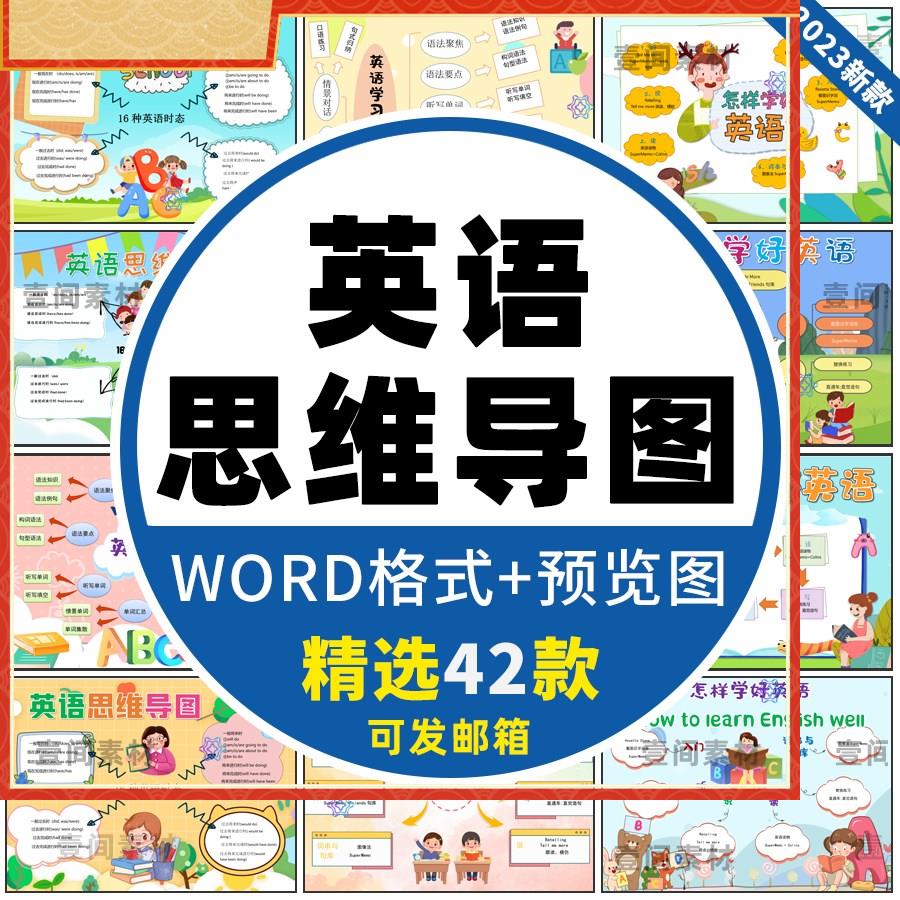英语思维导图手抄报小学生二三四年级黑白线 线稿电子版小报模板A