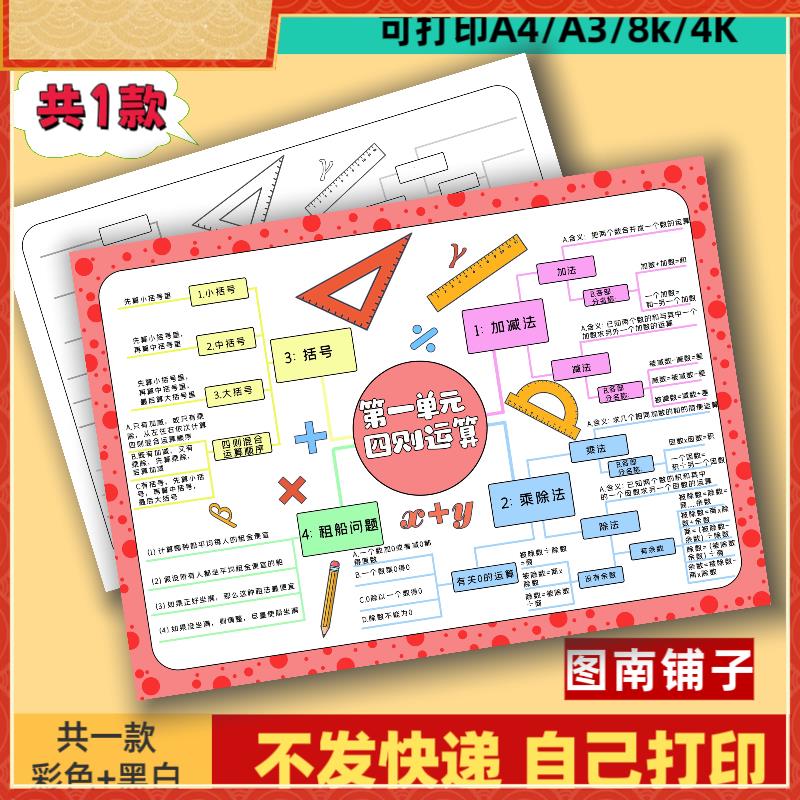 四则运算思维导图手抄报模板小学数学四年级下册一单元黑白线稿A4