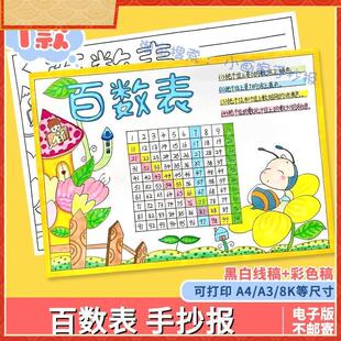 百数表儿童绘画 画手抄报小学生百数图可涂色电子小报a3线 线描稿