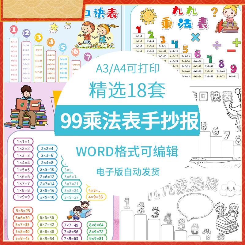 小学生乘法手抄报电子版九九乘法口诀表小报模板黑白线稿A4可打印