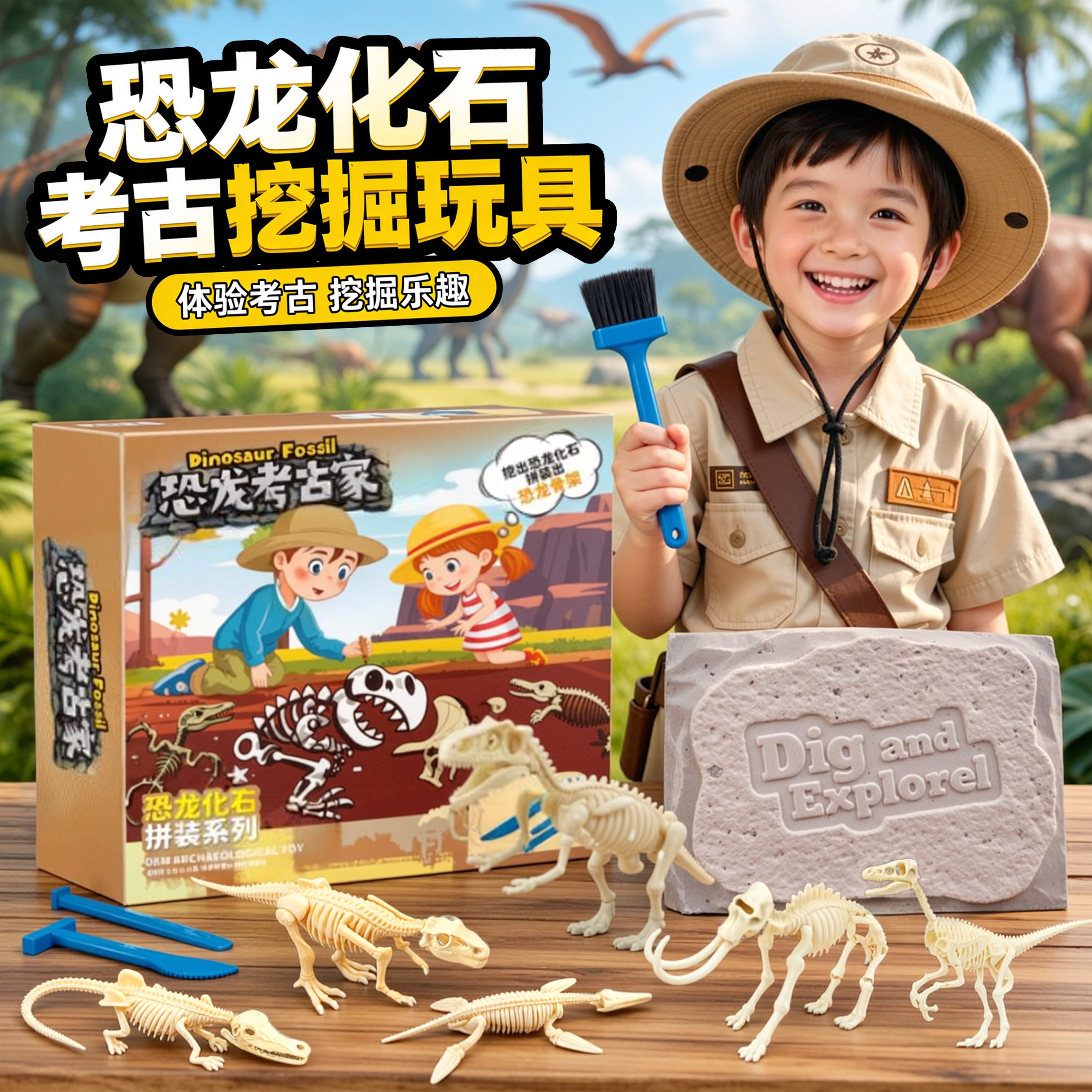 儿童新款砸石膏恐龙化石考古挖掘玩具可拼手工diy模型6男孩寻宝藏