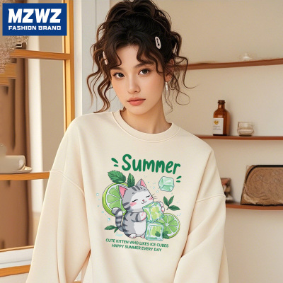 MZWZ卫衣男女2025新款连帽黑色外套秋季款圆领无帽纯色青少年C