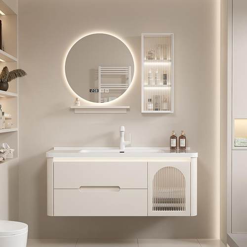 奶油风橡木浴室柜圆角陶瓷一体盆卫生间洗手盆洗脸盆柜组合卫浴柜