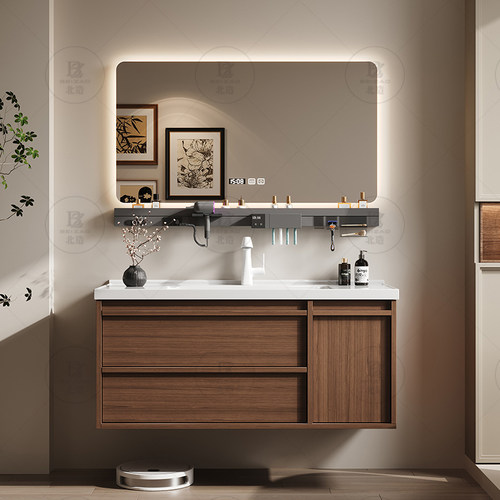 中古风胡桃木色陶瓷一体盆橡木浴室柜组合卫生间洗手洗脸盆洗漱台